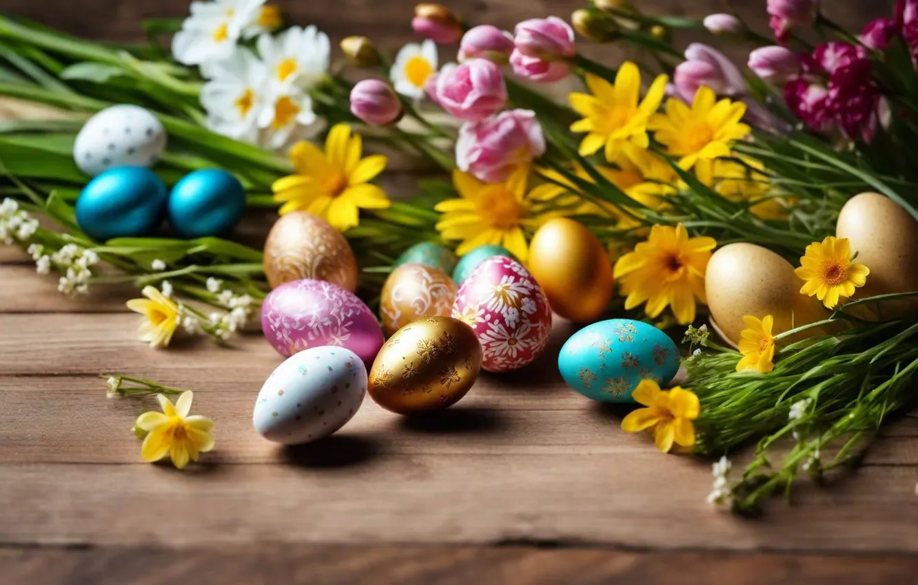 Photo wallpaper flowers, eggs, spring, colorful, Easter, flowers, spring, Easter