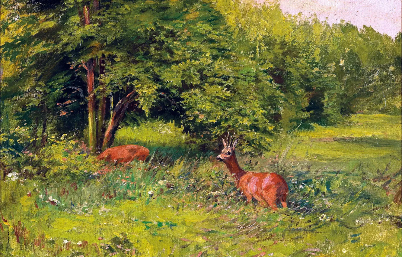 Photo wallpaper Grass, Trees, Picture, Deer, German artist, Wilhelm Lorenz, Wilhelm Lorenz, Roe deer and chamois on …