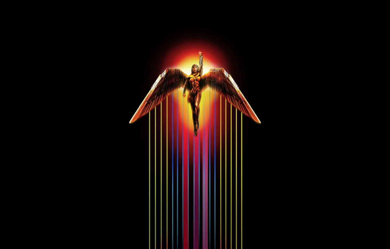 Photo wallpaper wings, costume, helmet, flight, black background, Wonder Woman, poster, comic