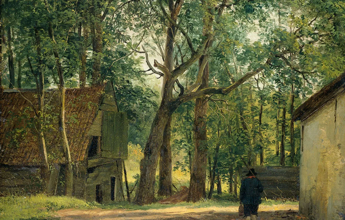 Photo wallpaper landscape, oil, picture, Andreas Schelfhout, Backyard Farm