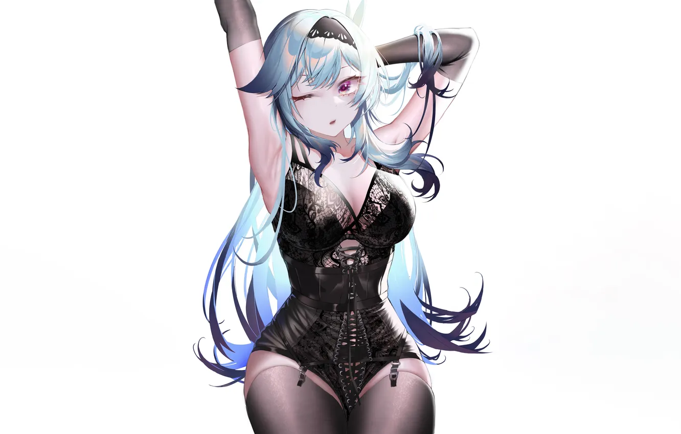 Photo wallpaper girl, sexy, lingerie, cleavage, thighhighs, bodysuit, long hair, boobs