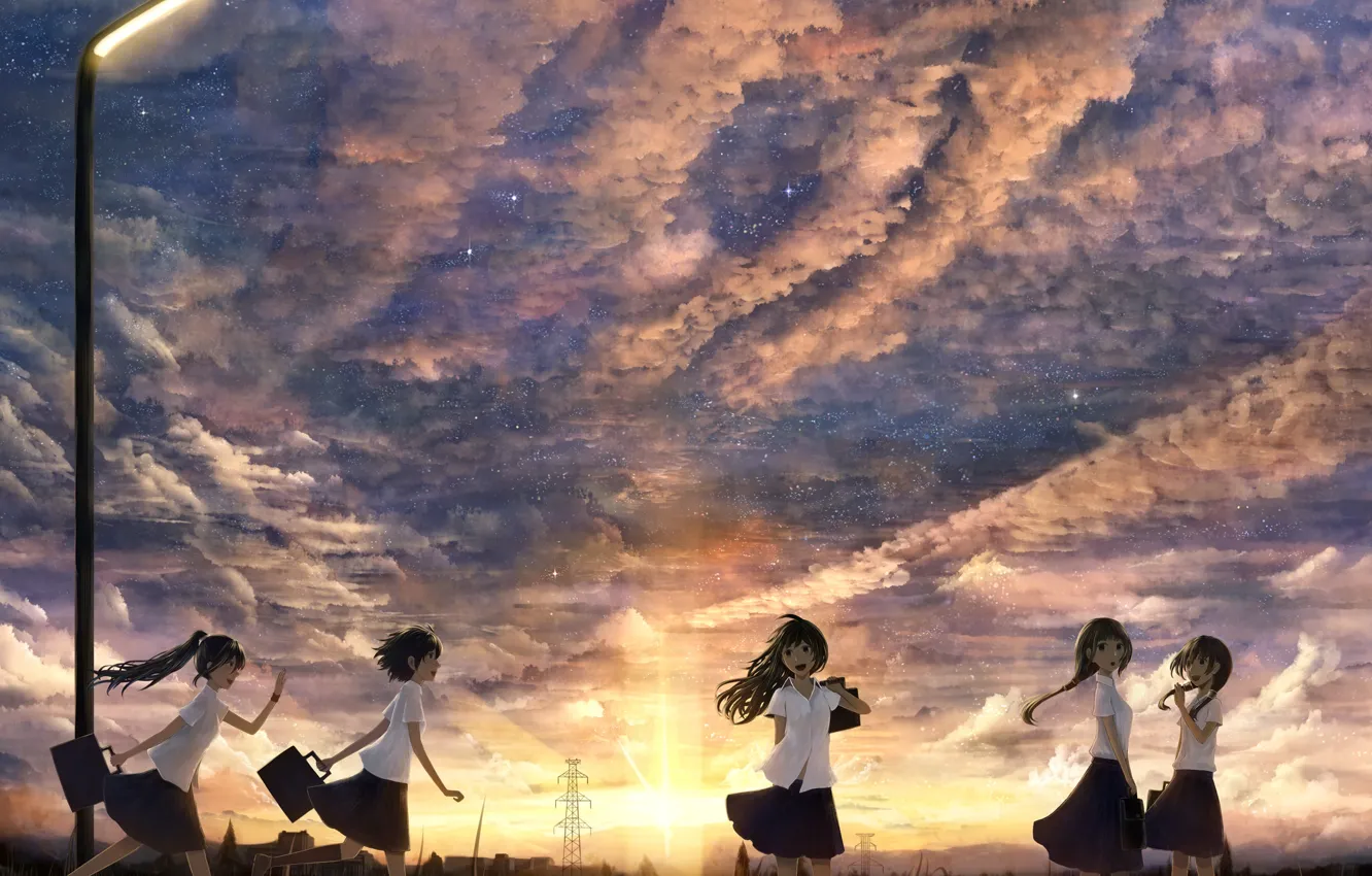 Photo wallpaper the sky, the sun, clouds, sunset, girls, home, anime, art