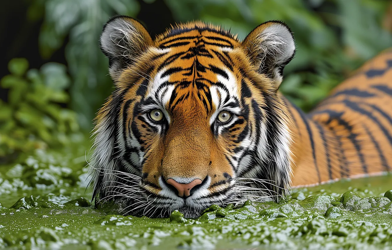 Photo wallpaper look, face, water, tiger, bathing, AI art, neural network
