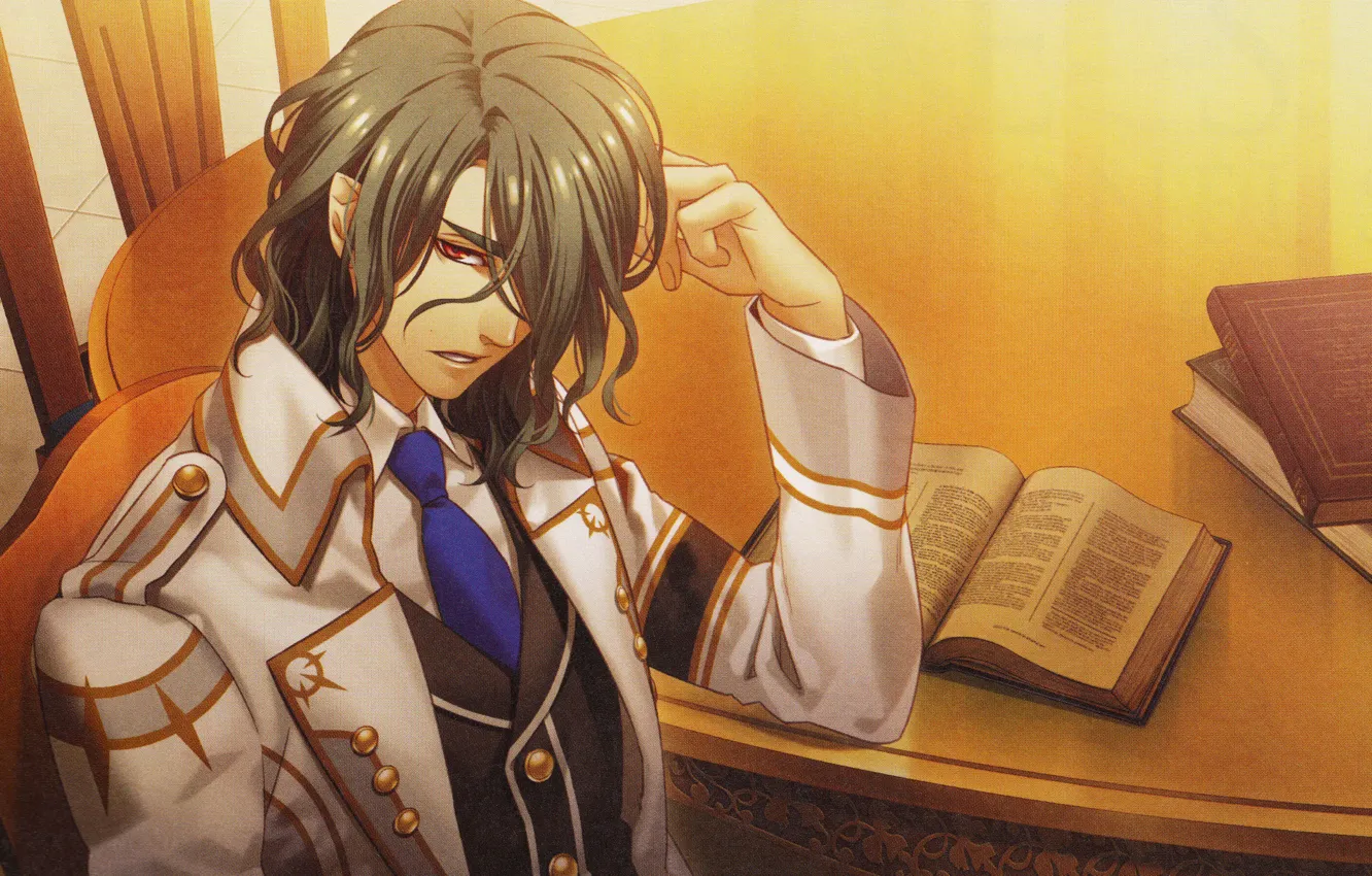 Photo wallpaper table, tie, buttons, book, guy, art, military uniform, visual novel