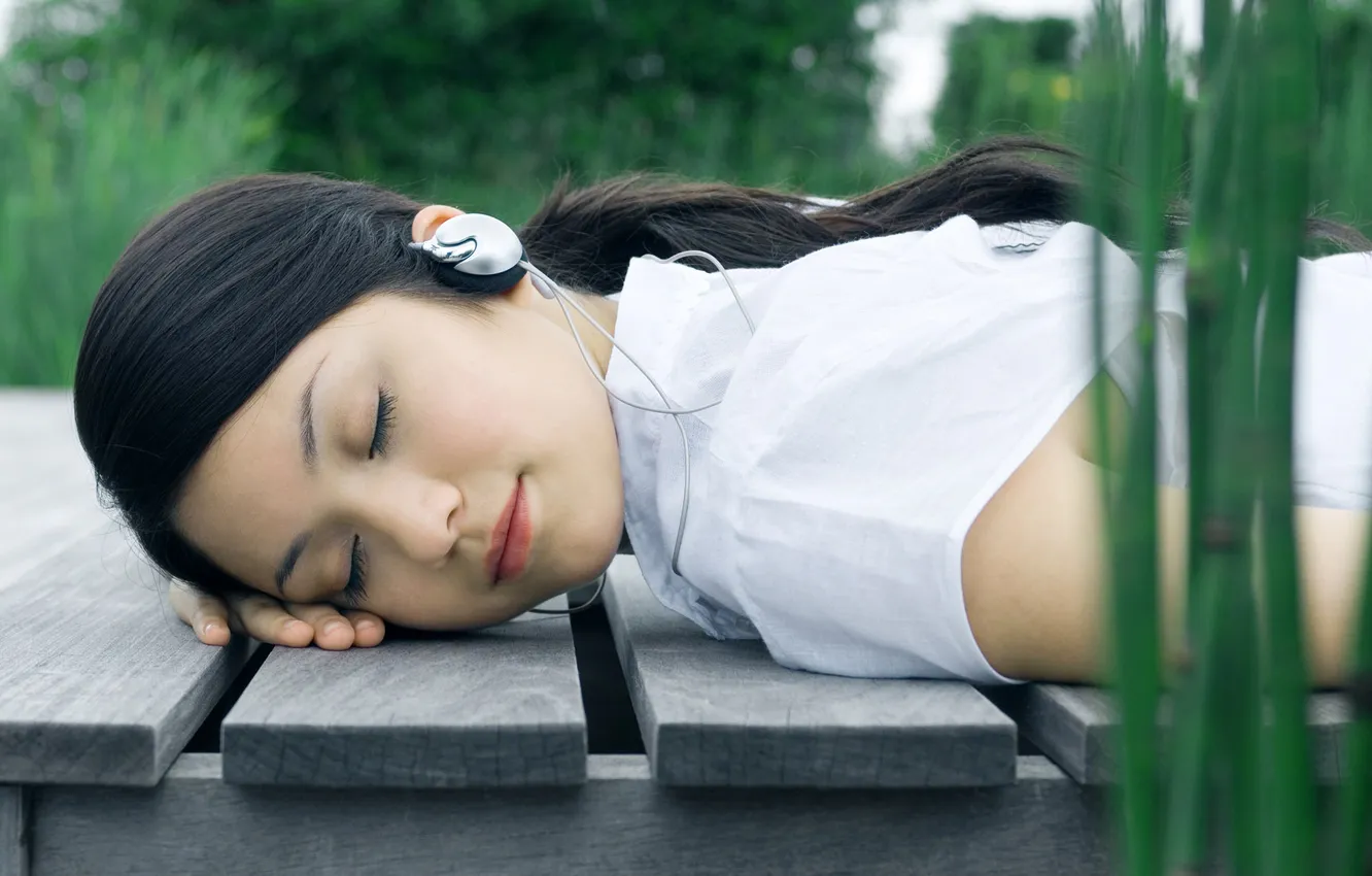 Photo wallpaper girl, nature, music, headphones, harmony, relaxation