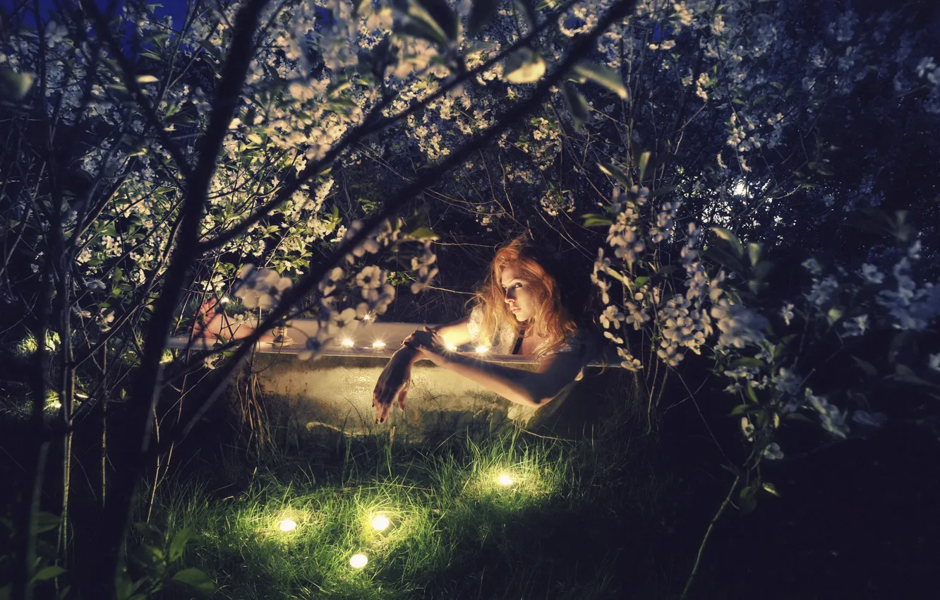 Photo wallpaper grass, girl, night, lights