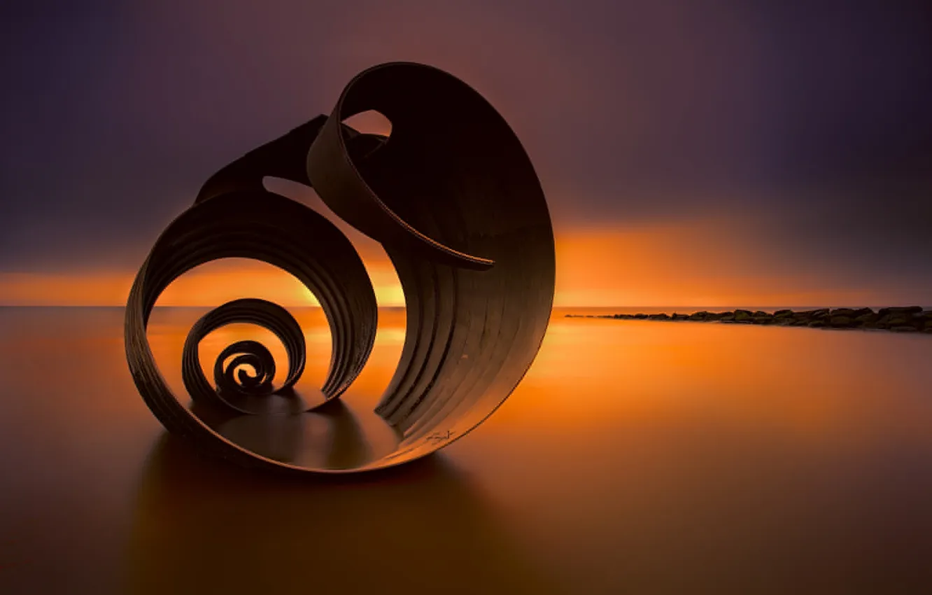 Photo wallpaper sea, the sky, clouds, metal, tide, glow