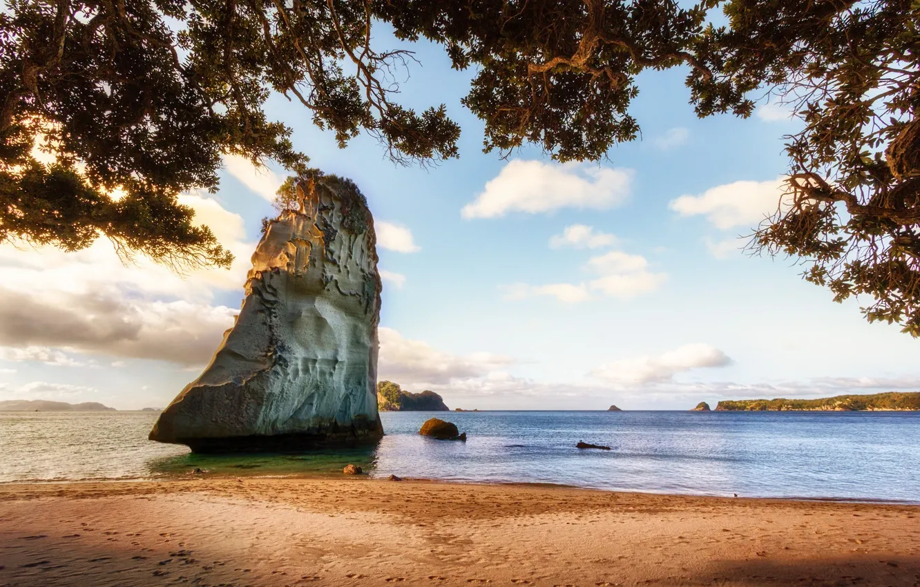 Photo wallpaper sand, sea, the sky, clouds, stones, rocks, horizon, New Zealand
