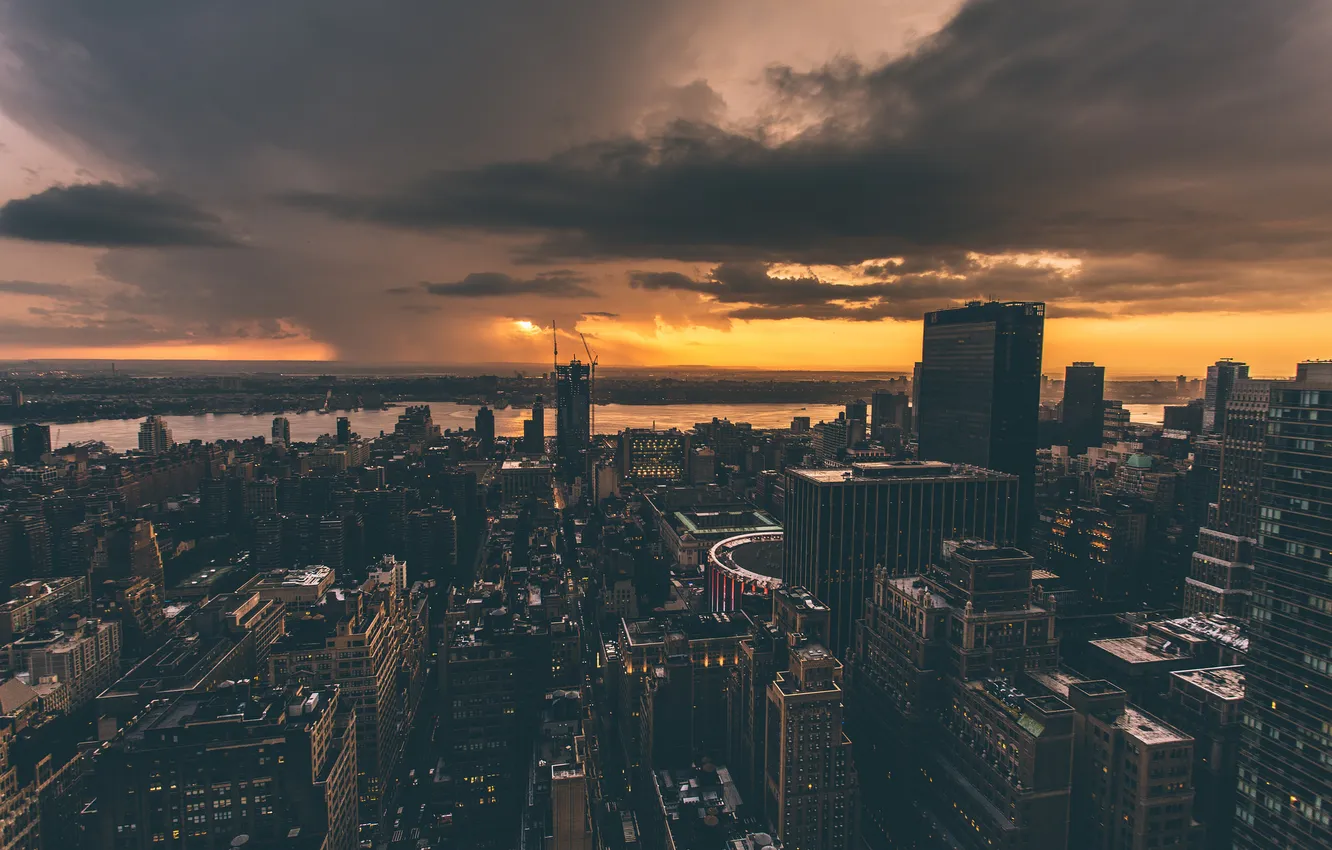 Photo wallpaper clouds, river, rain, building, New York, horizon, twilight, street