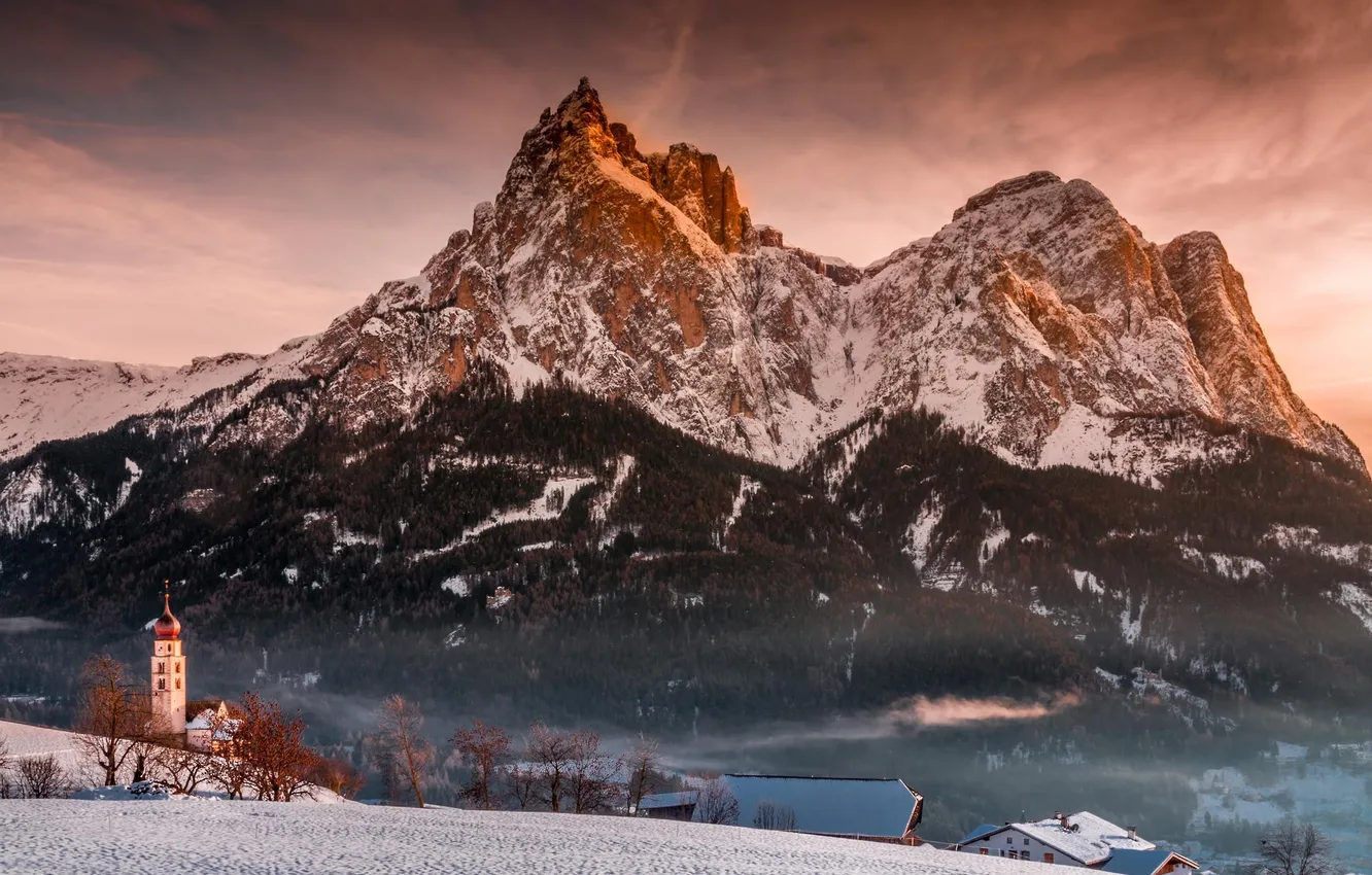 Photo wallpaper forest, snow, sunset, mountains, Church, nature winter