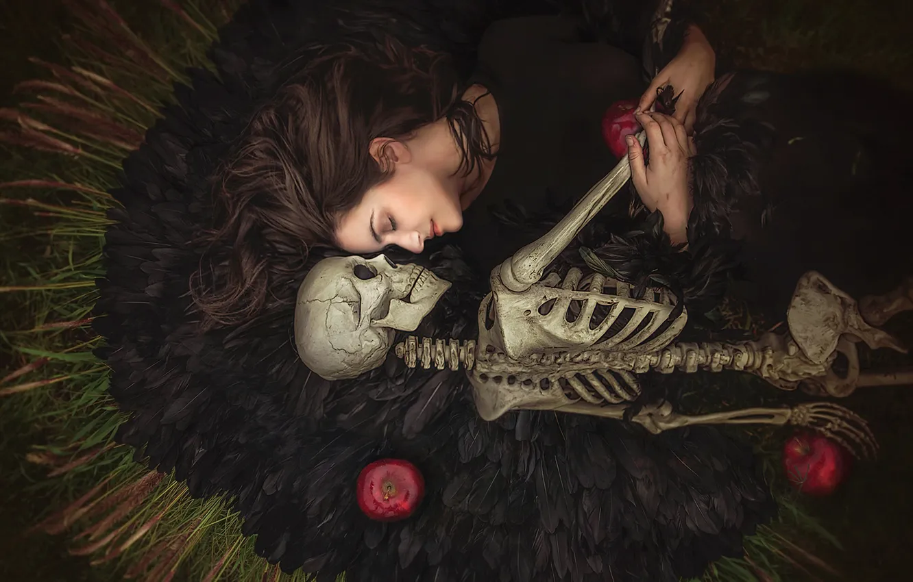 Photo wallpaper girl, apples, feathers, skeleton