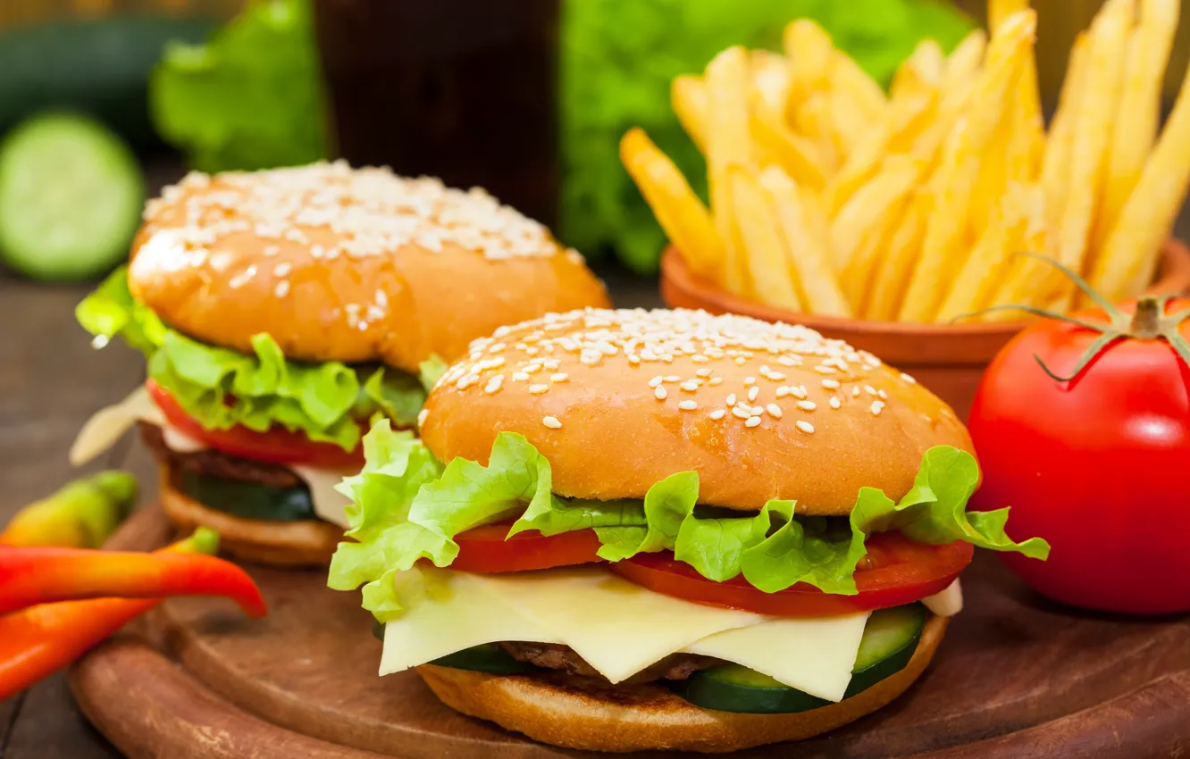 Photo wallpaper food, vegetables, hamburger, fast food, buns, potatoes