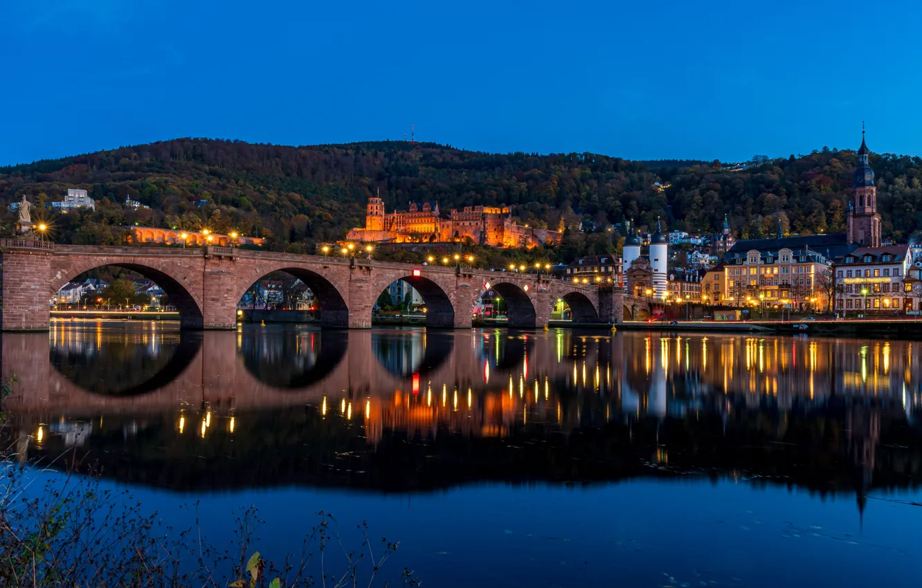 Photo wallpaper bridge, reflection, river, castle, hills, building, home, Germany