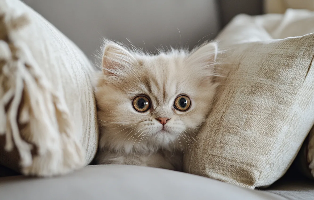 Photo wallpaper cat, white, look, pose, sofa, portrait, chair, pillow