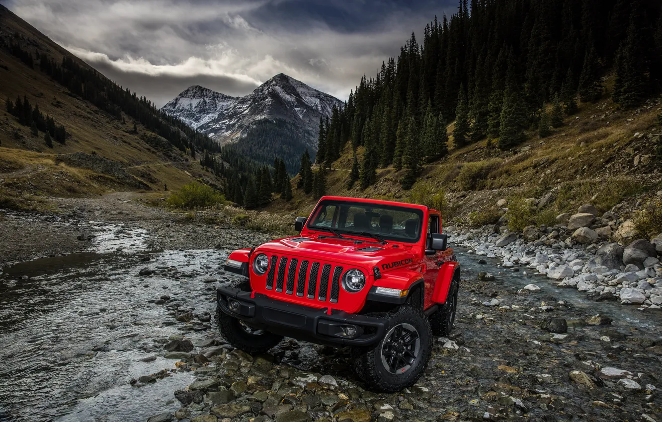 Photo wallpaper mountains, red, stream, the slopes, 2018, Jeep, Wrangler Rubicon