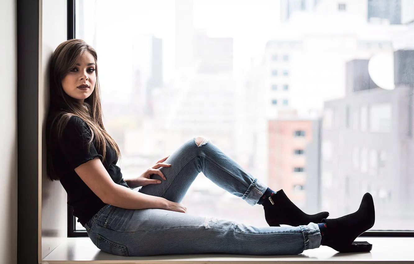 Photo wallpaper pose, view, jeans, makeup, actress, brunette, window, t-shirt