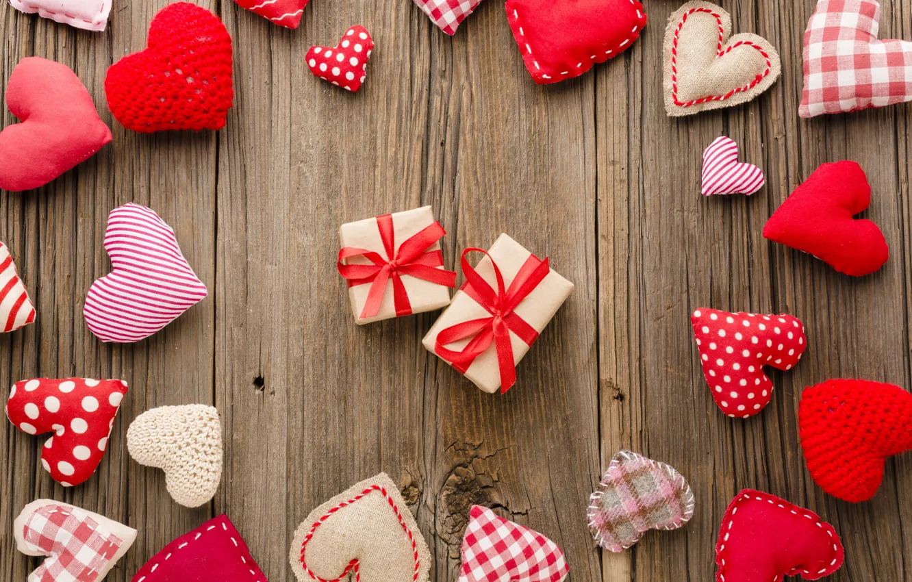 Photo wallpaper Valentine's day, sewing, red, heart, from fabric, thread, needlework, wooden background