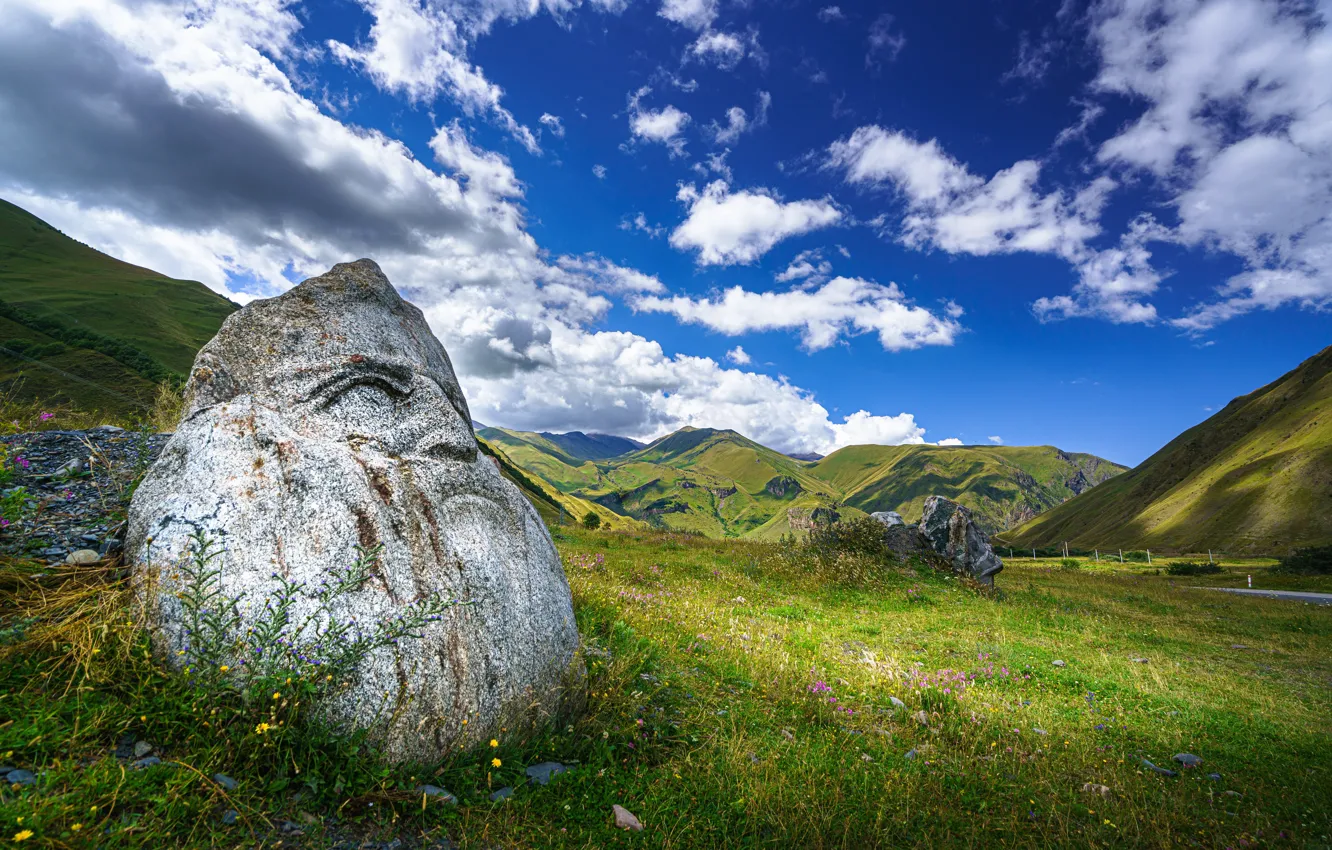 Photo wallpaper the sky, clouds, mountains, stones, Georgia, Upper Svaneti, Sno