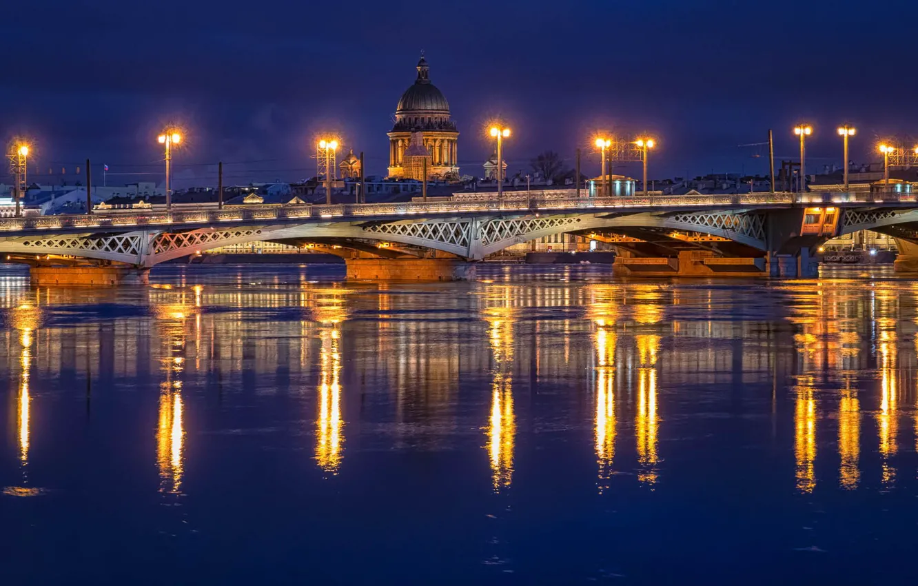 Photo wallpaper night, bridge, lights, river, lights, Russia, Peter, Saint Petersburg