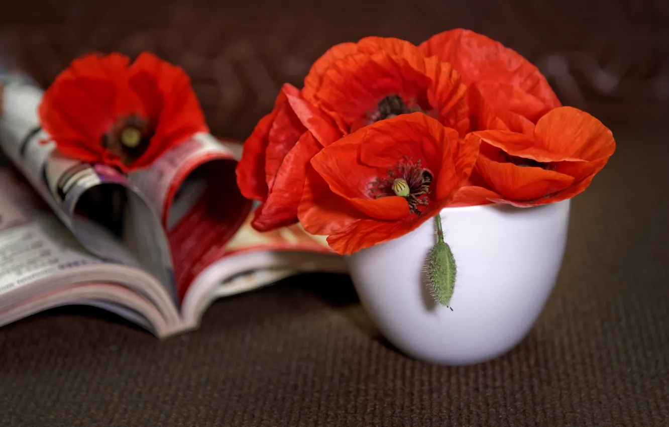Photo wallpaper flowers, Maki, bouquet, book, bowl, still life