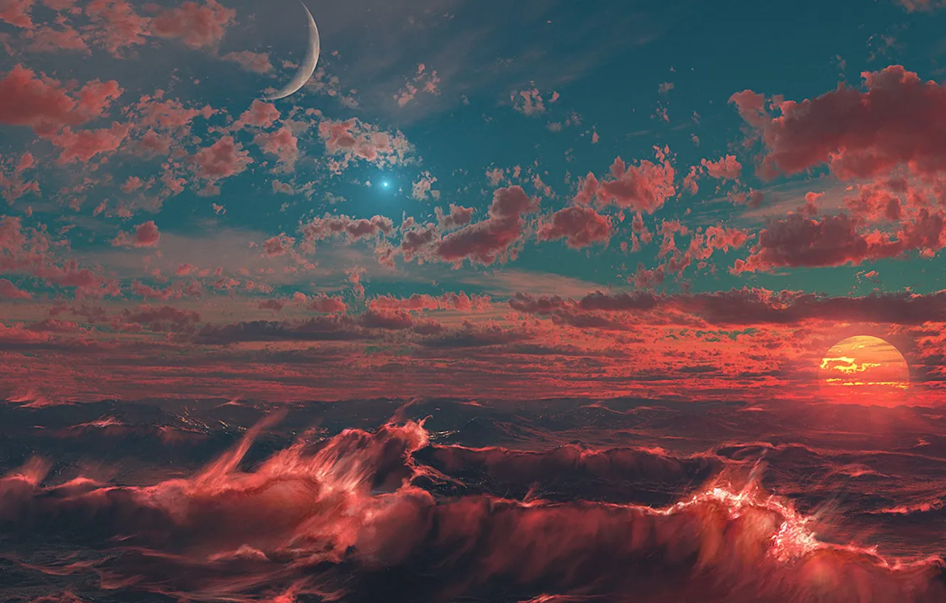 Photo wallpaper wave, the sun, red, the moon