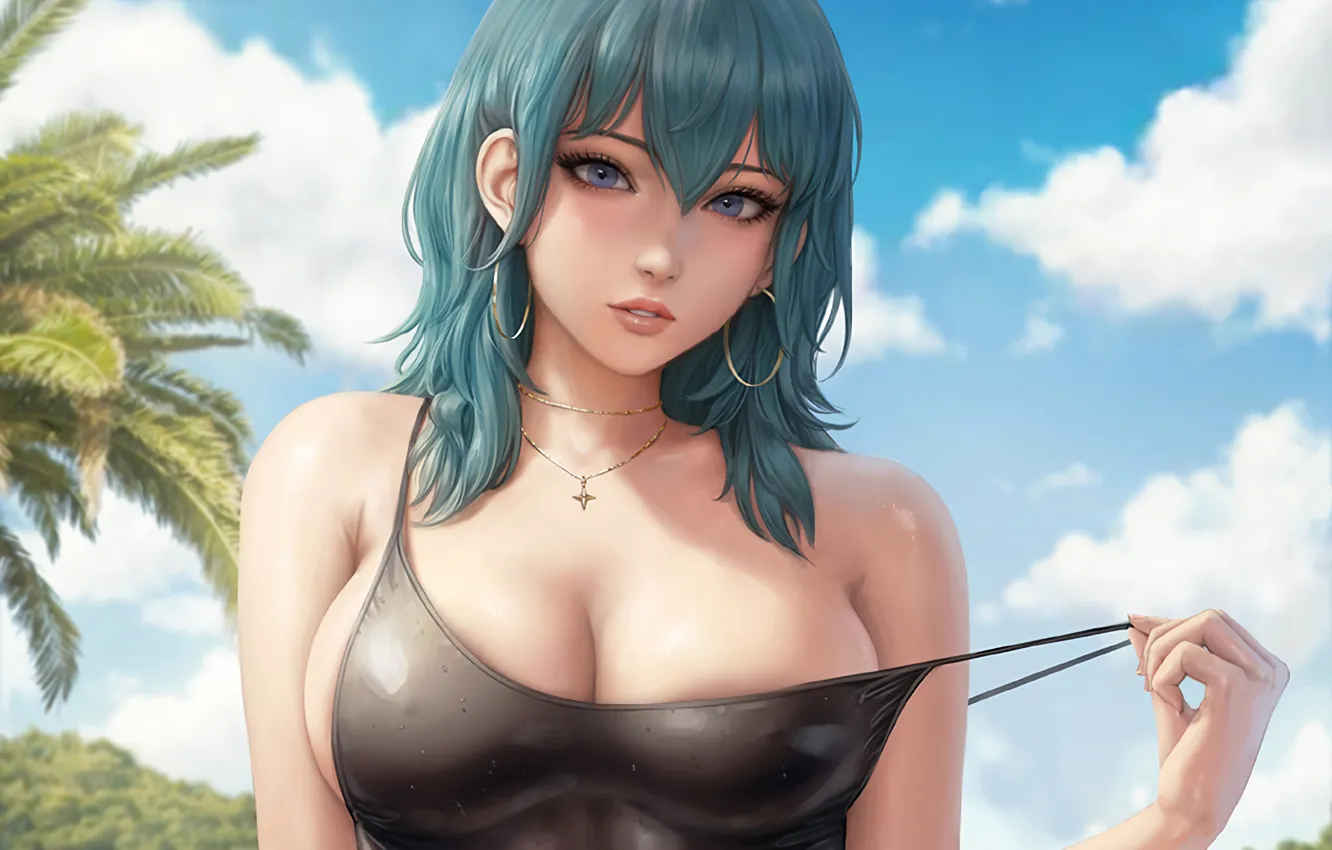 Photo wallpaper girl, sexy, wet, cleavage, long hair, boobs, anime, beautiful