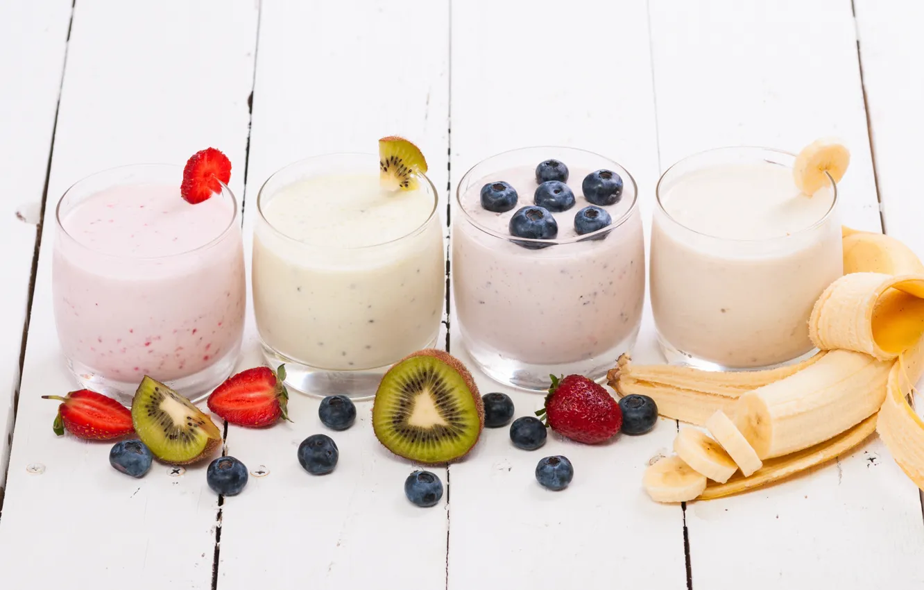 Photo wallpaper berries, Breakfast, kiwi, blueberries, strawberry, glasses, fruit, banana