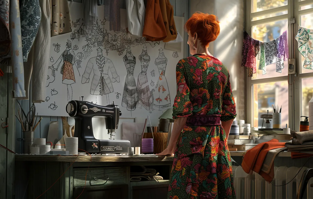 Photo wallpaper Table, Window, Woman, Sewing machine, Digital art, Designer, Seamstress, AI art