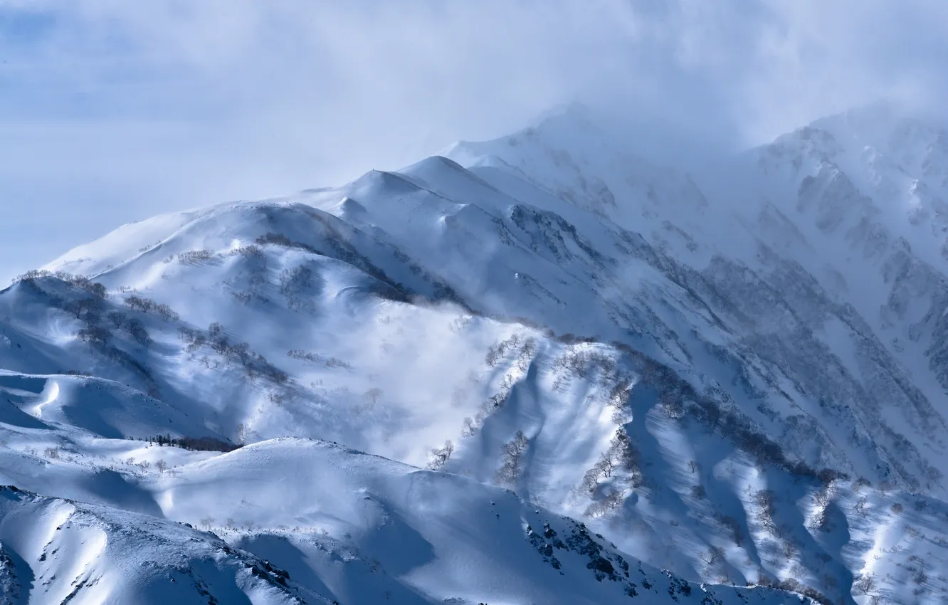 Photo wallpaper winter, light, snow, mountains, nature, fog, rocks, tops