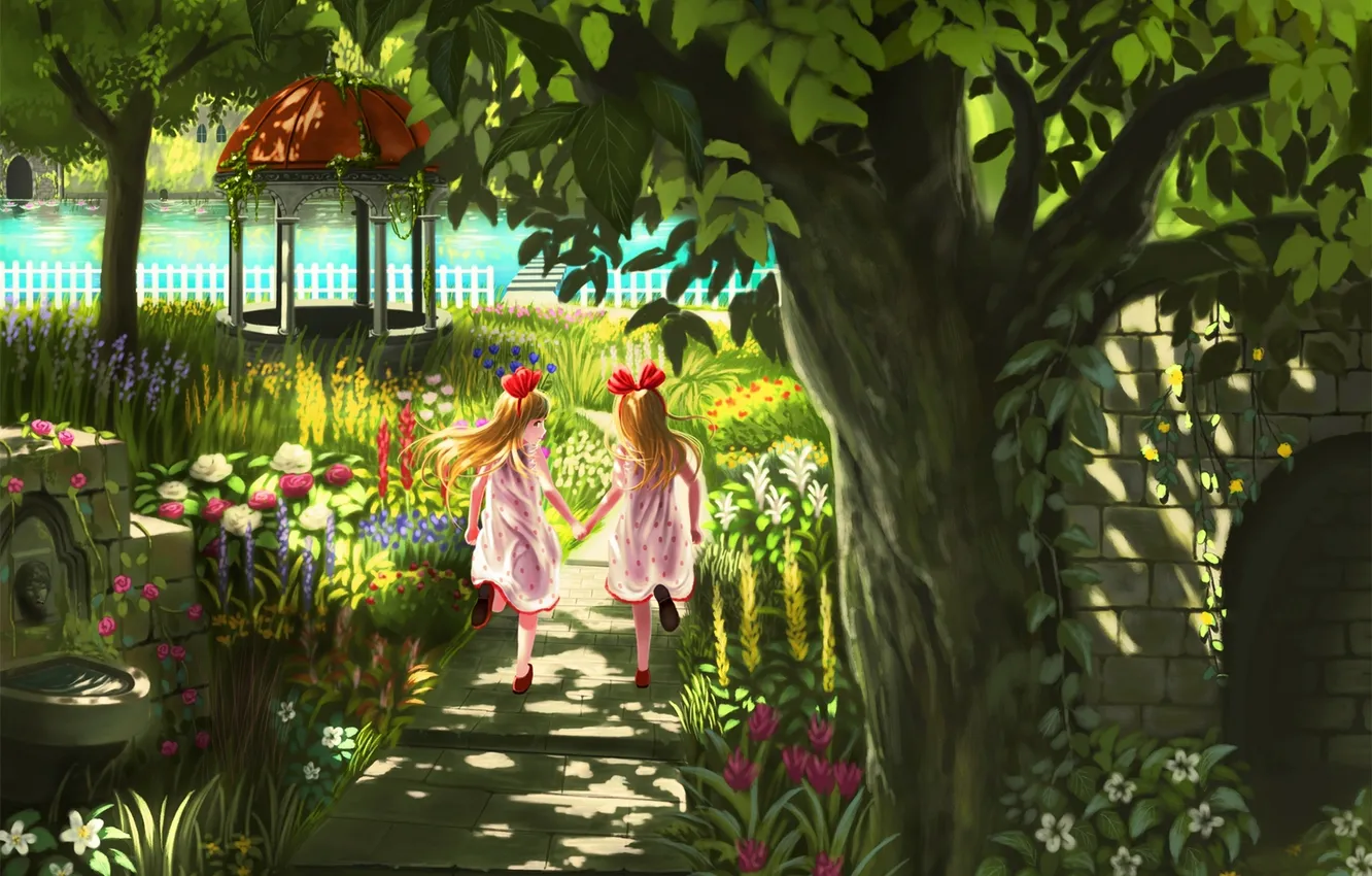 Photo wallpaper flowers, nature, lake, roses, anime, art, girl, bow