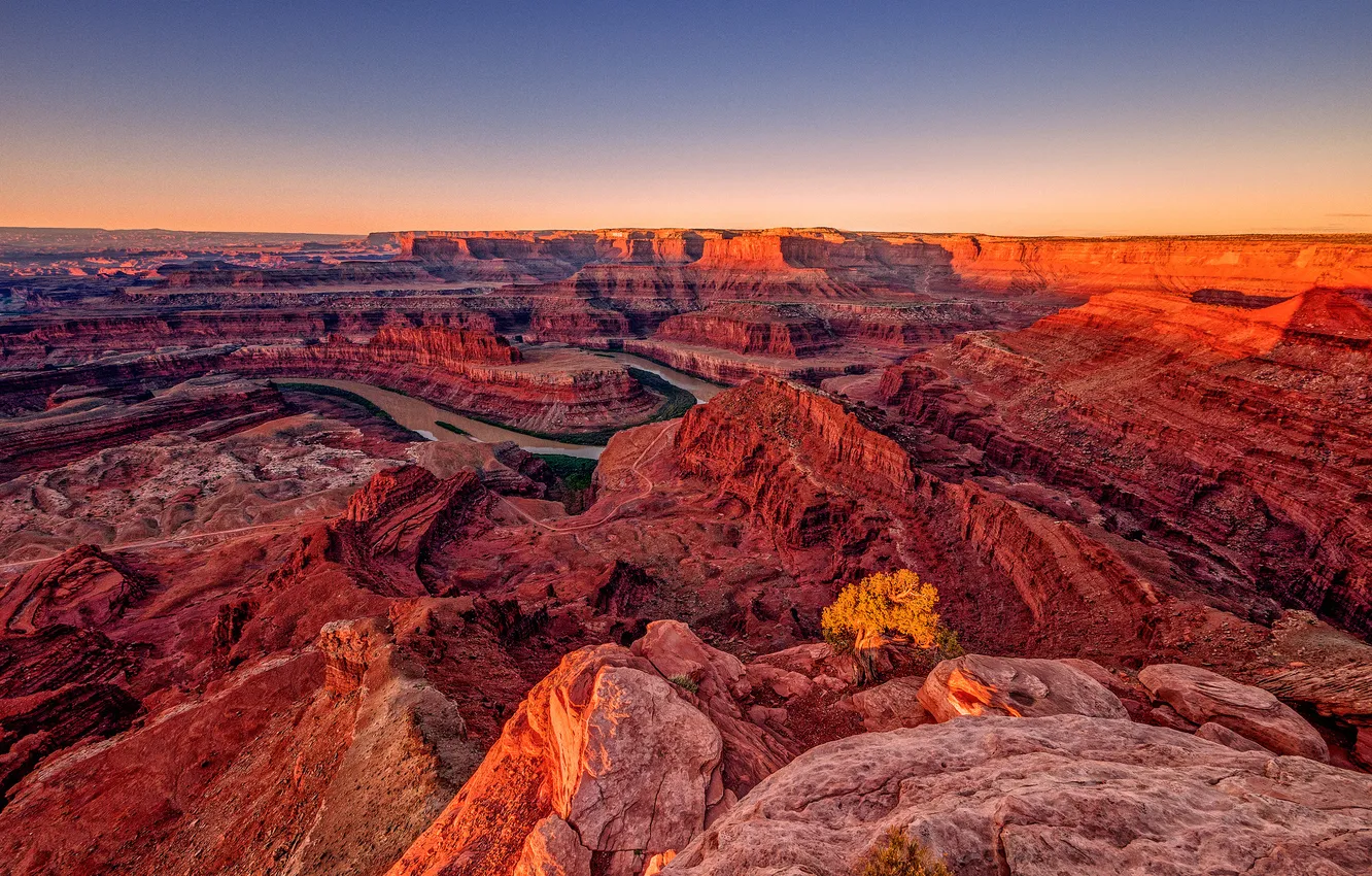 Photo wallpaper landscape, mountains, river, canyon, glow, gorge, Utah, USA