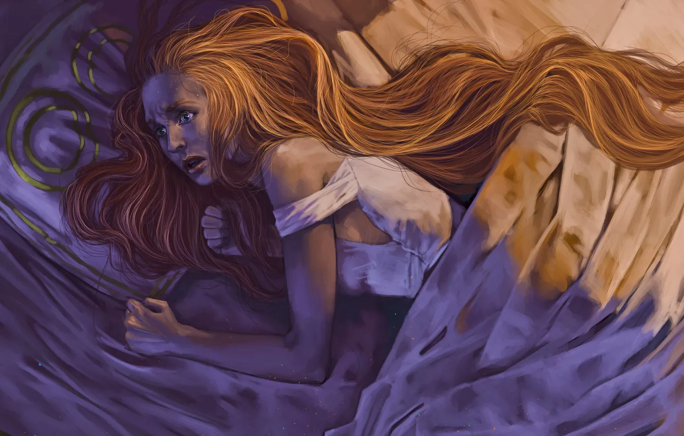 Photo wallpaper girl, bed, long hair, the excitement