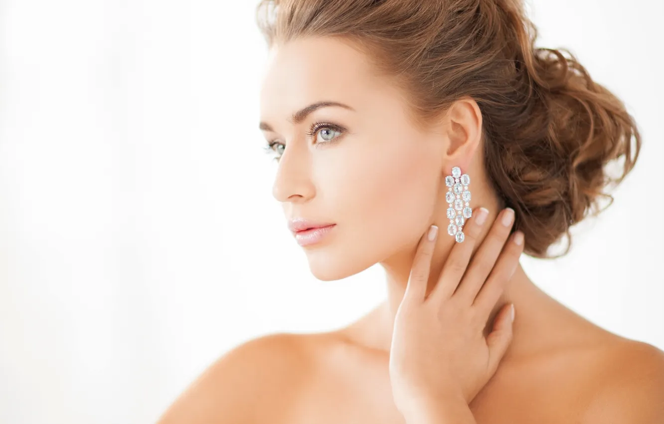 Photo wallpaper girl, eyelashes, model, hair, earrings, hands, makeup, white background