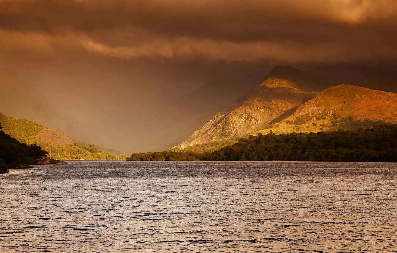 Photo wallpaper forest, the sky, clouds, light, sunset, mountains, lake