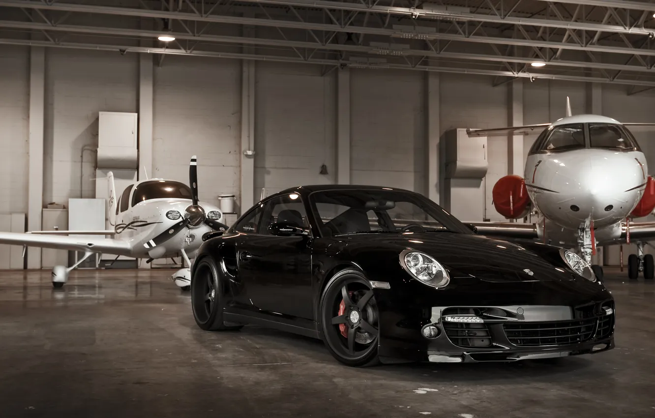 Photo wallpaper black, 997, Porsche, hangar, Porsche, black, Turbo, 360 three sixty forged