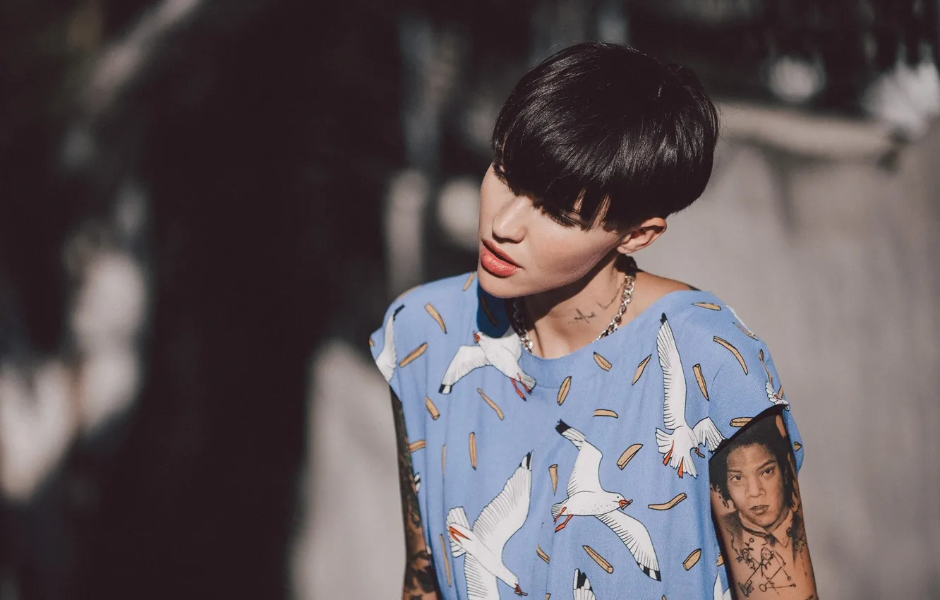 Photo wallpaper model, seagulls, brunette, tattoo, t-shirt, hairstyle, singer, bokeh