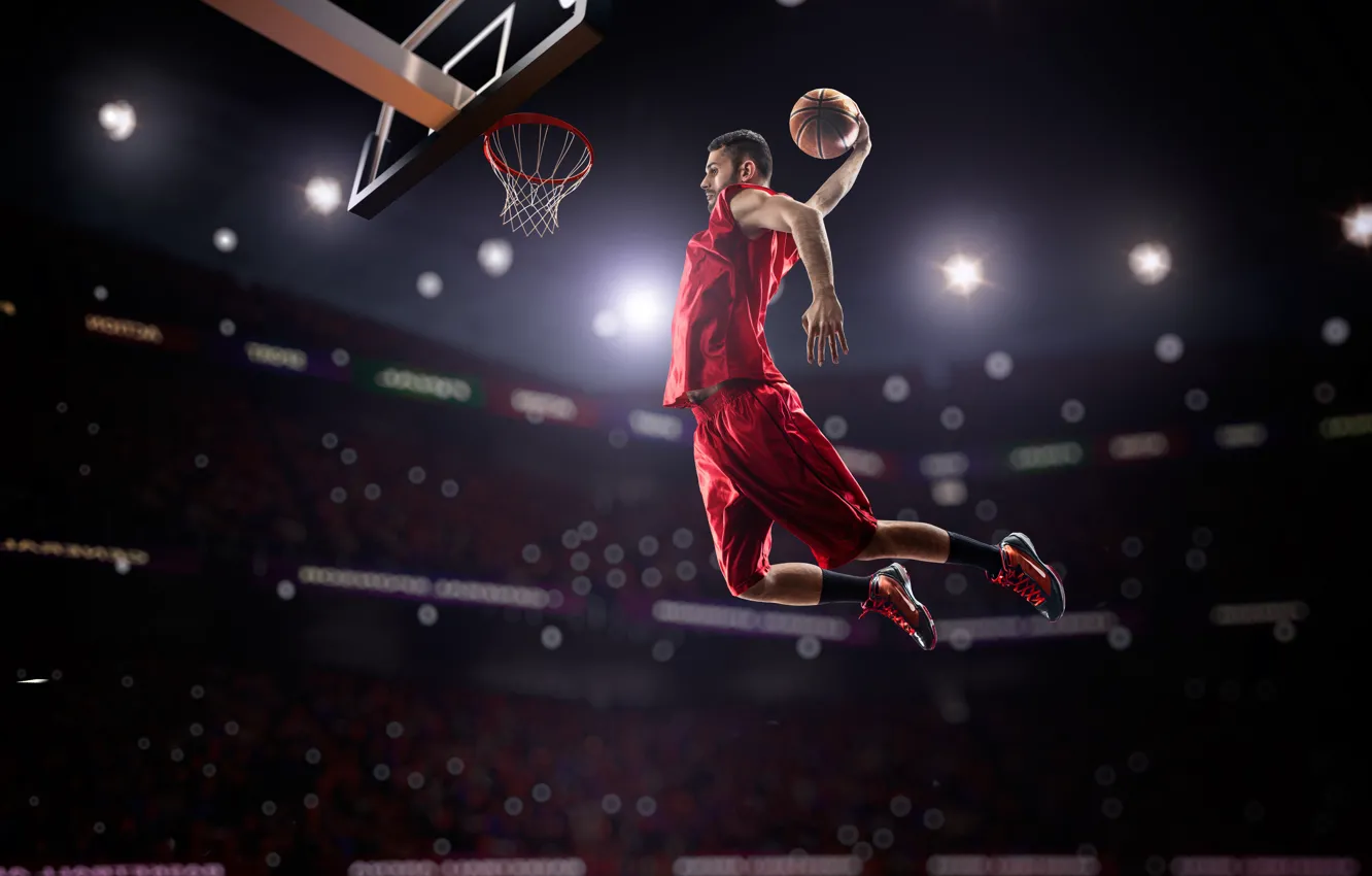 Photo wallpaper lights, jump, the game, shorts, the ball, Mike, ring, Basketball
