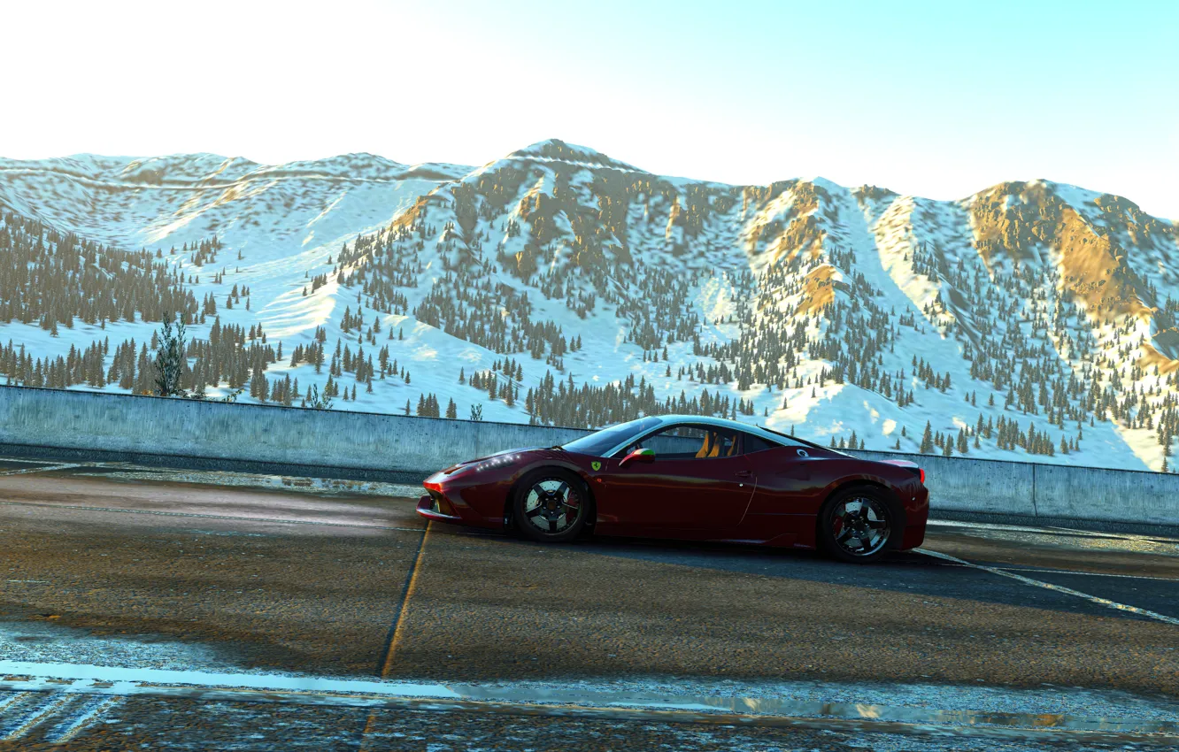 Photo wallpaper car, Ferrari, red, game, 458, neve, rodovia