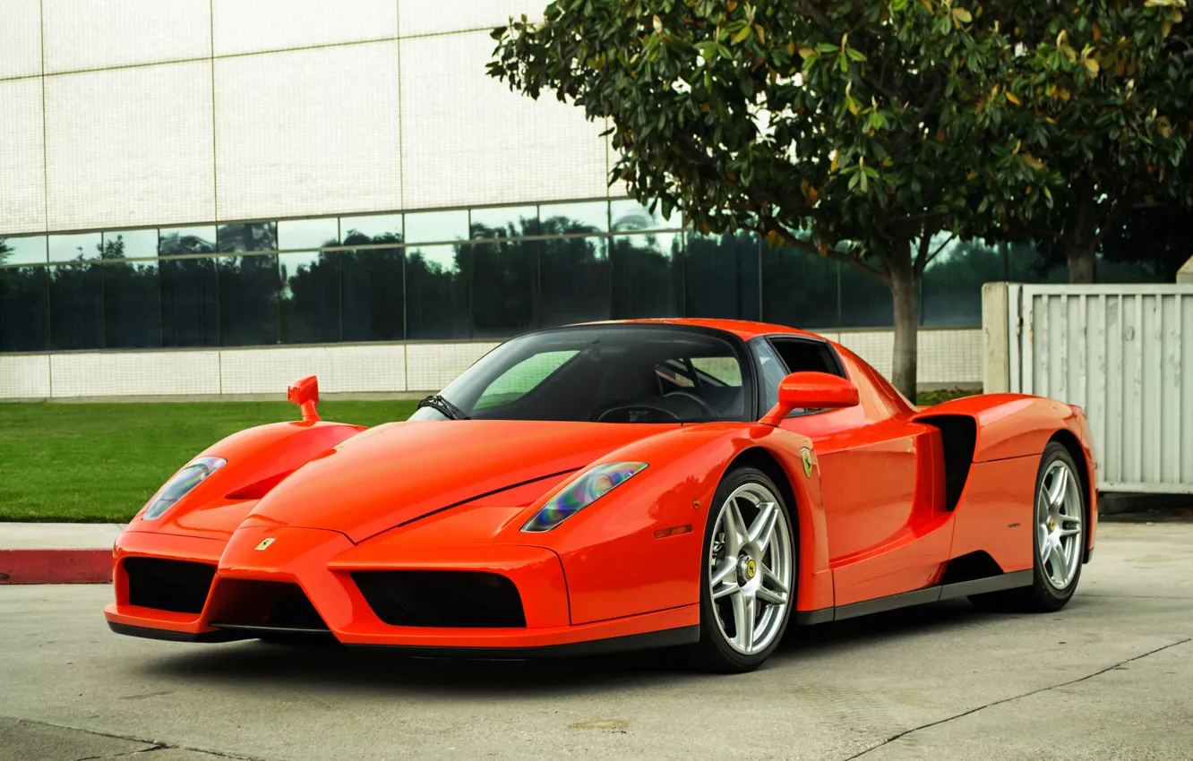 Photo wallpaper red, tree, the building, Windows, red, ferrari, Ferrari, front view