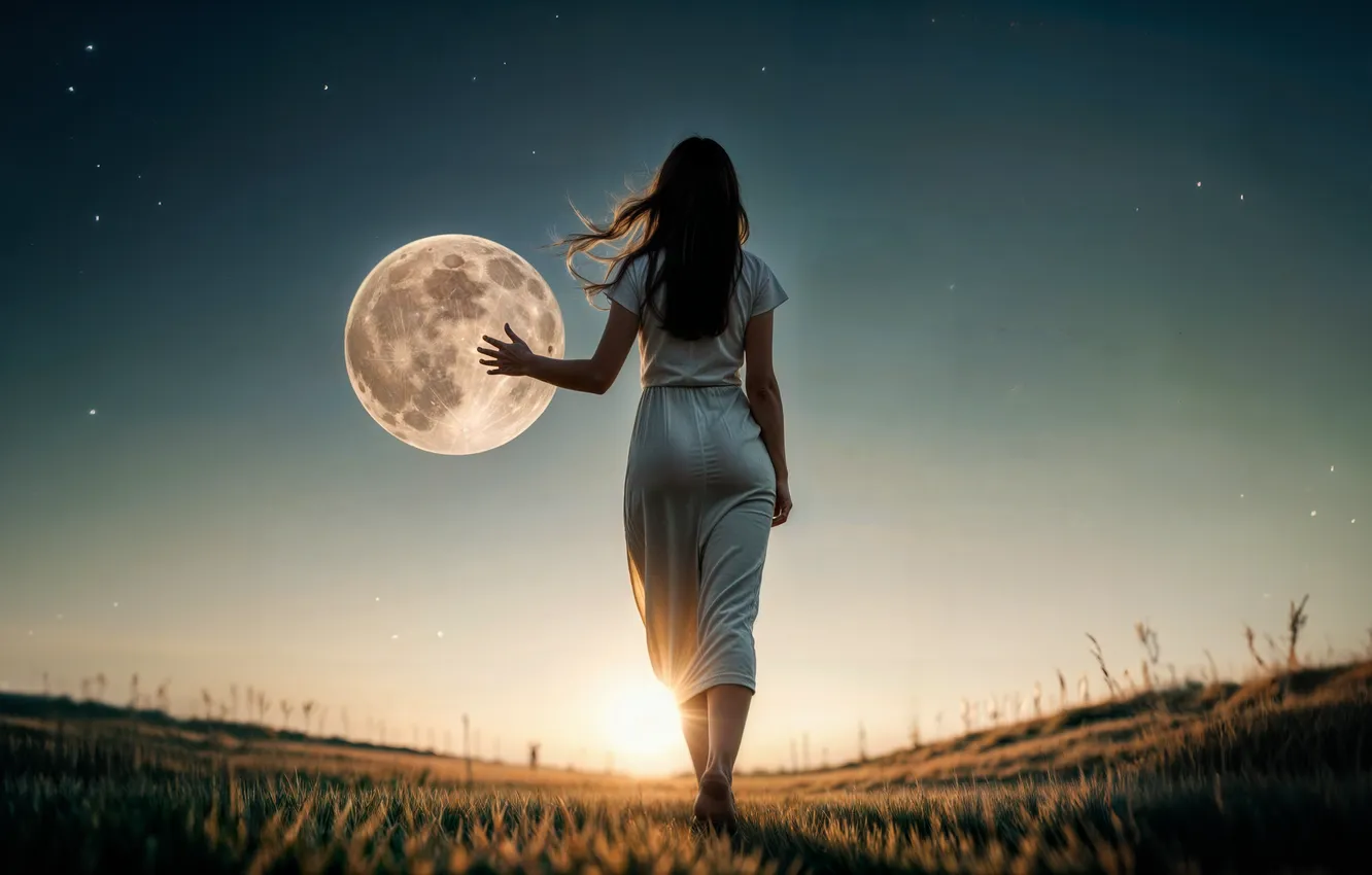 Photo wallpaper field, the sky, girl, the sun, light, night, dawn, the moon