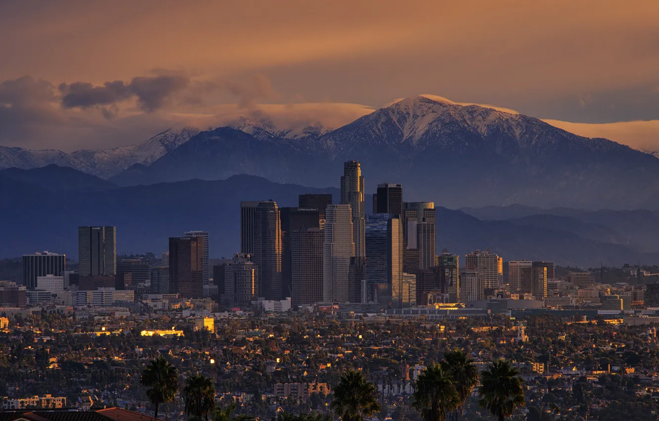 Photo wallpaper mountains, the city, sunrise, morning, CA, Los Angeles