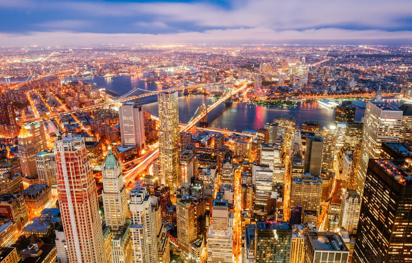 Photo wallpaper river, building, New York, panorama, bridges, night city, Manhattan, skyscrapers