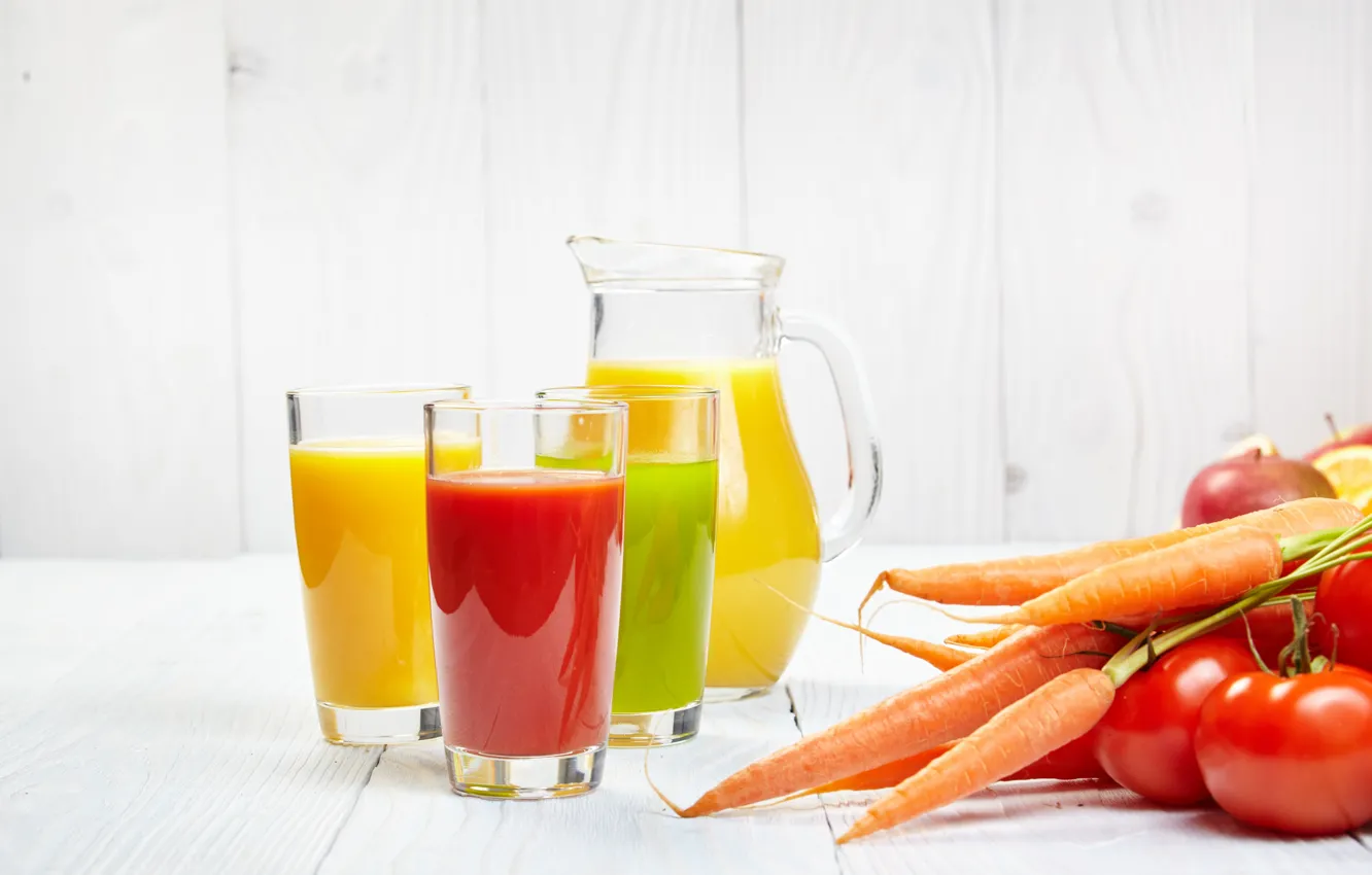 Photo wallpaper juice, drink, carrots, tomatoes