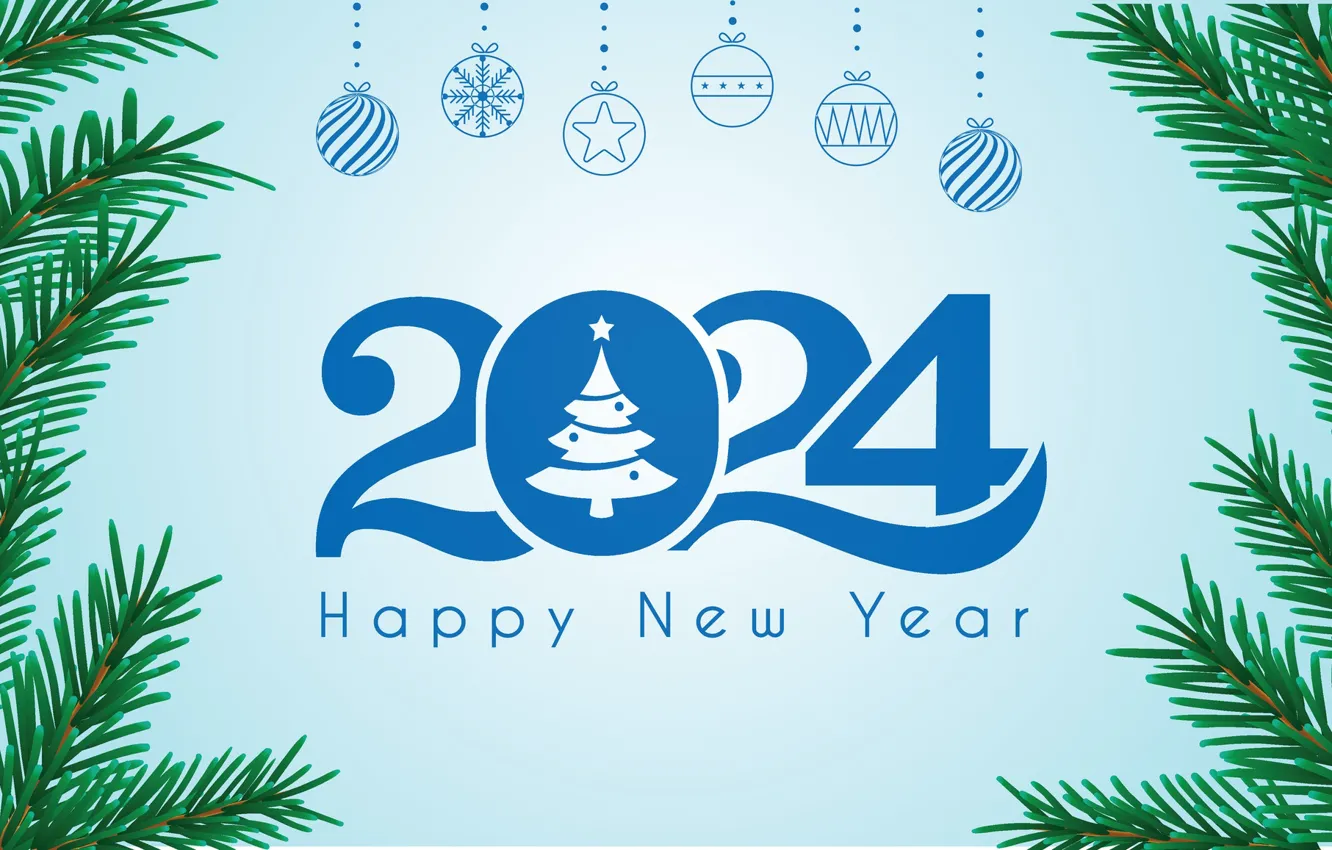 Photo wallpaper graphics, balls, figures, date, herringbone, New Year 2024, blue background, 2024