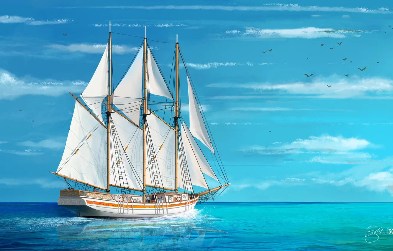 Photo wallpaper Sea, Figure, Ship, Sailboat, Art, Ship, Schooner, Shellz - art