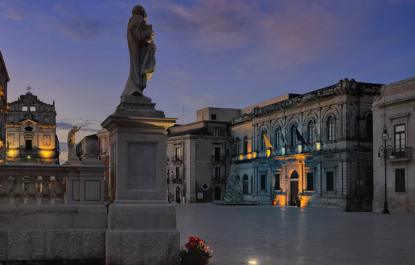 Photo wallpaper night, Italy, Syracuse, Sicily, Piazza Duomo