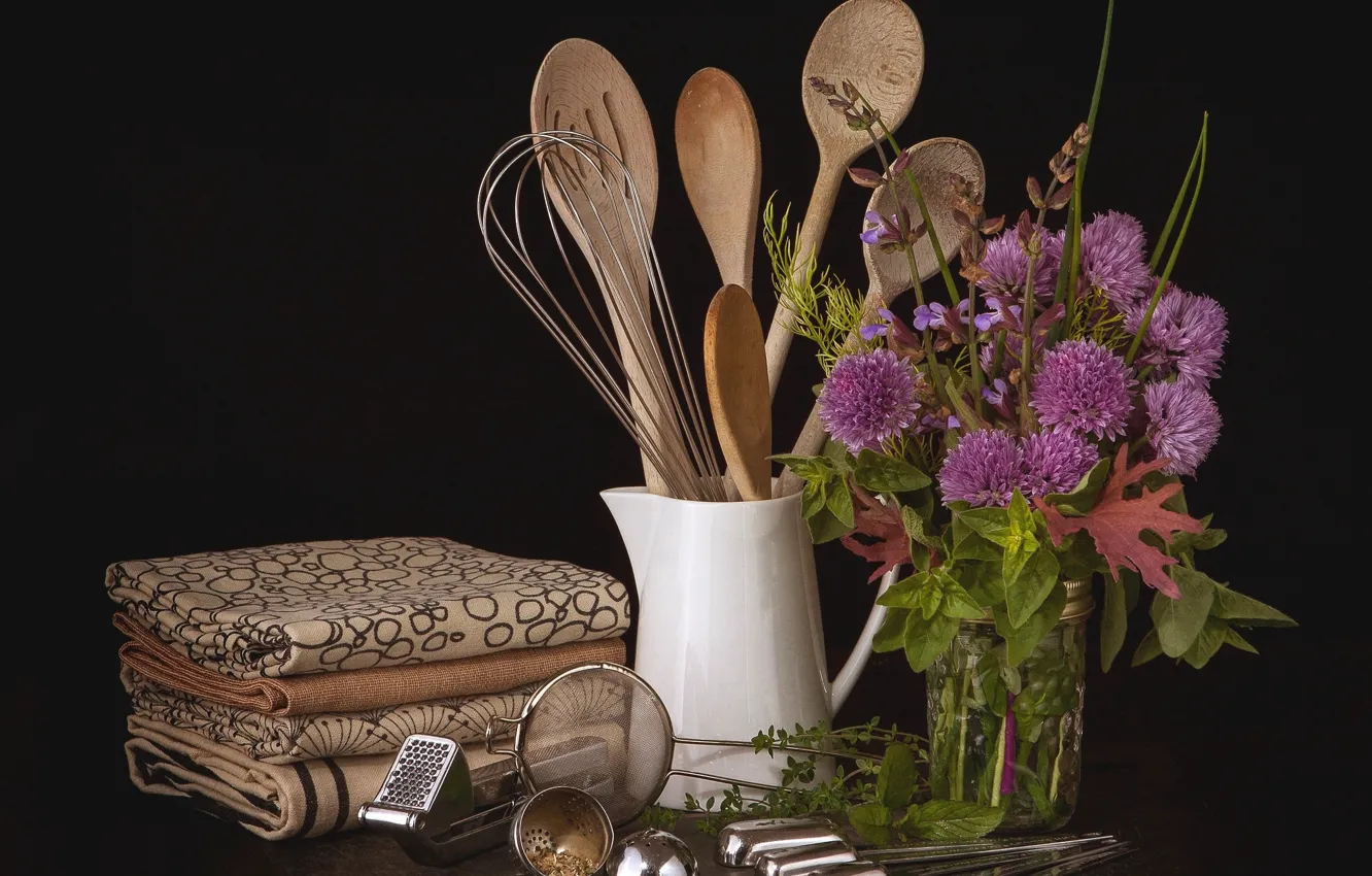 Photo wallpaper flowers, bouquet, still life, Cutlery, kitchen utensils