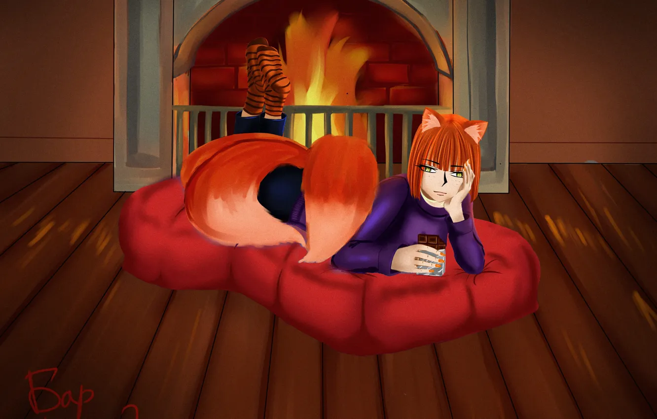 Photo wallpaper lights, Fox, red, girl, fireplace, fox, anime, schokolad