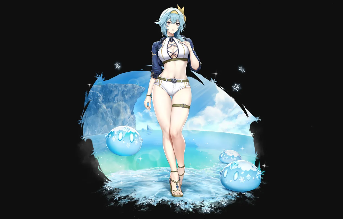 Photo wallpaper girl, sexy, cleavage, shorts, blouse, sky, sea, boobs