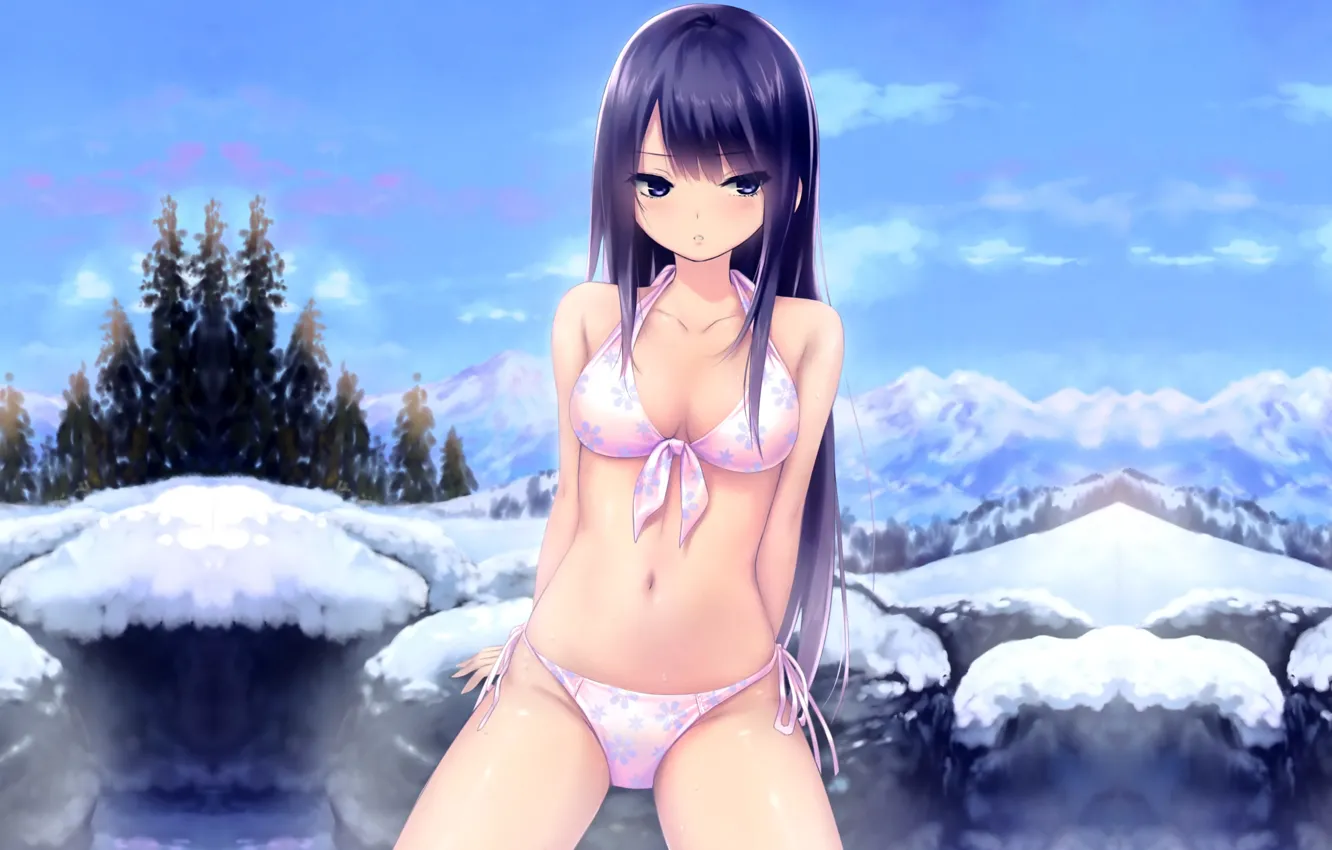 Photo wallpaper girl, sexy, cleavage, long hair, trees, nature, boobs, anime